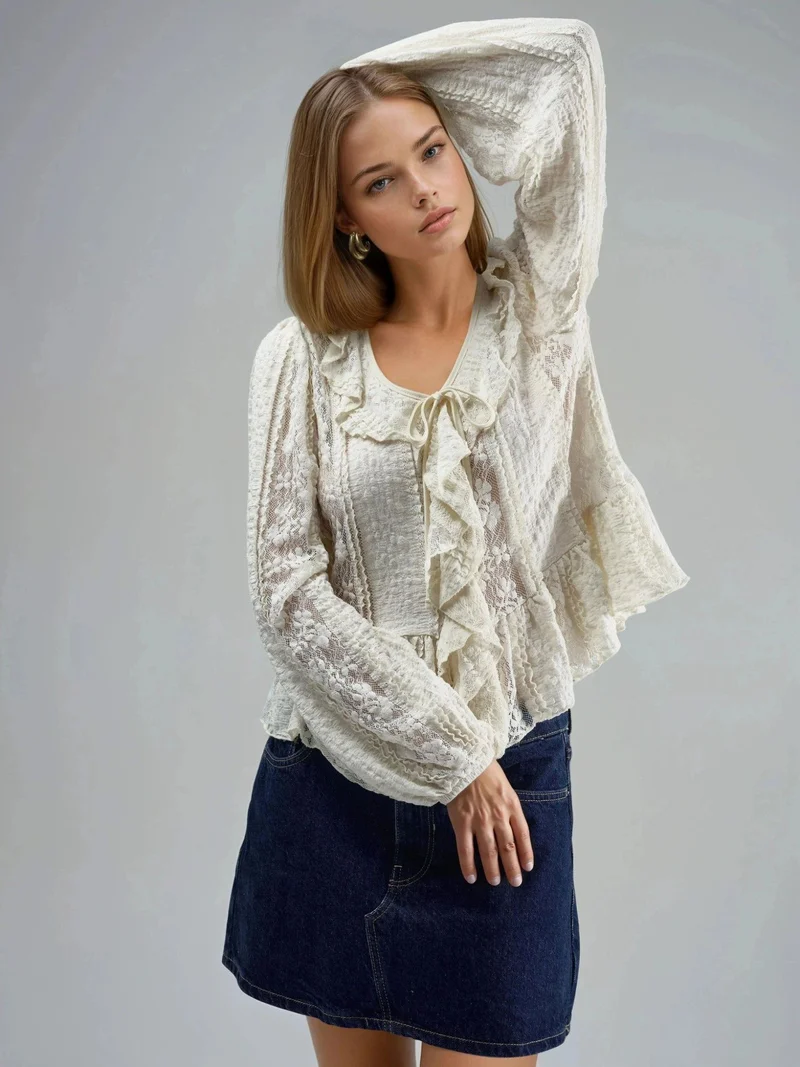 Busem BUSEM Frilly Lace V-Neck Tie Shirt